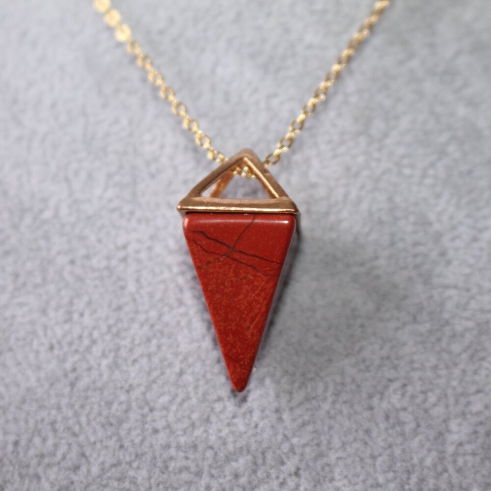 Red Jasper Triangle Stone Pendant Necklace – Gold Accent Chain - Picture 2 of 5